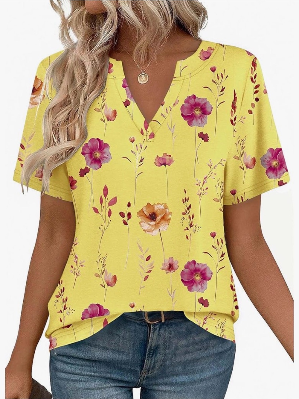 Floral V-Neck Short Sleeve Top - Yellow